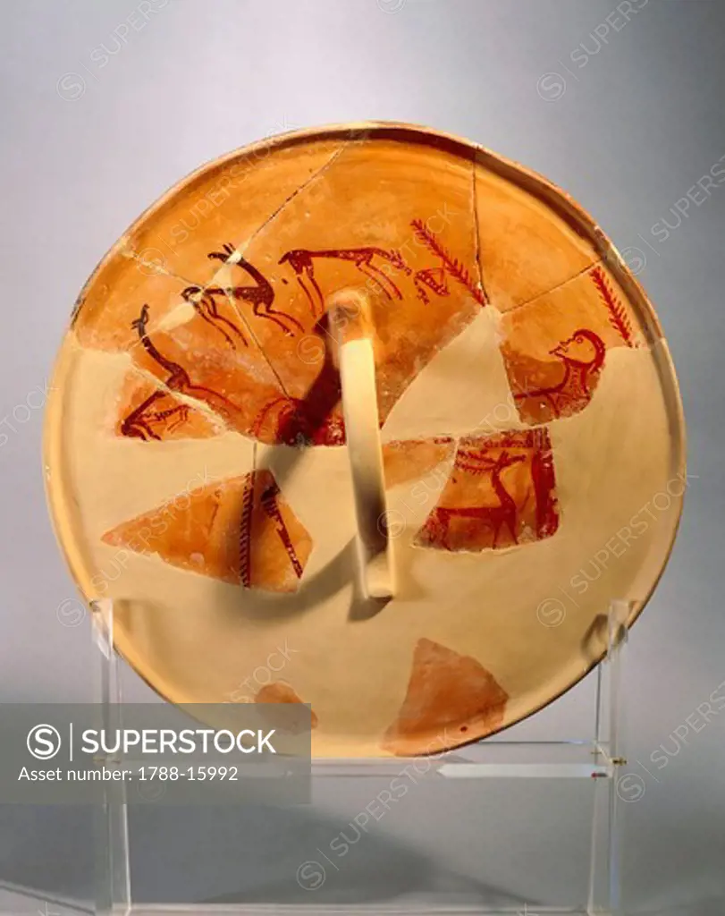 Greek civilization, terracotta votive shield depicting Centaur with hunters, from Tiryns, Greece