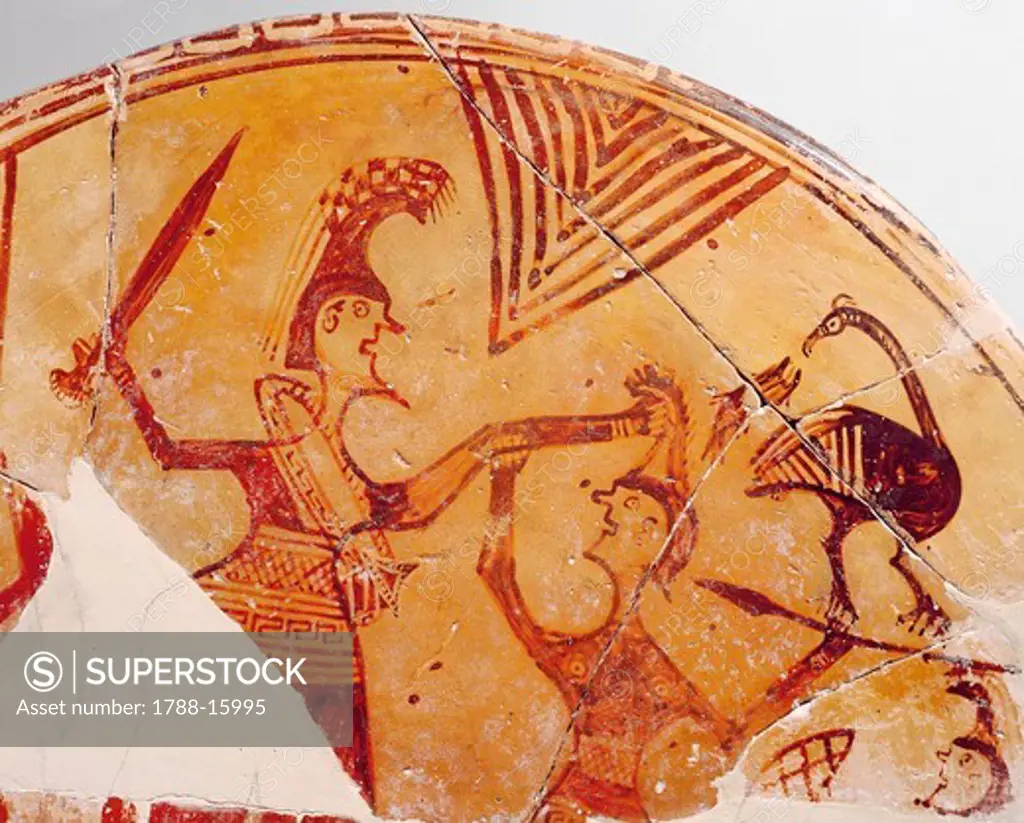 Greek civilization, terracotta votive shield with scene of fight between Achilles and Penthesilea during siege of Troy, from Tiryns, Greece