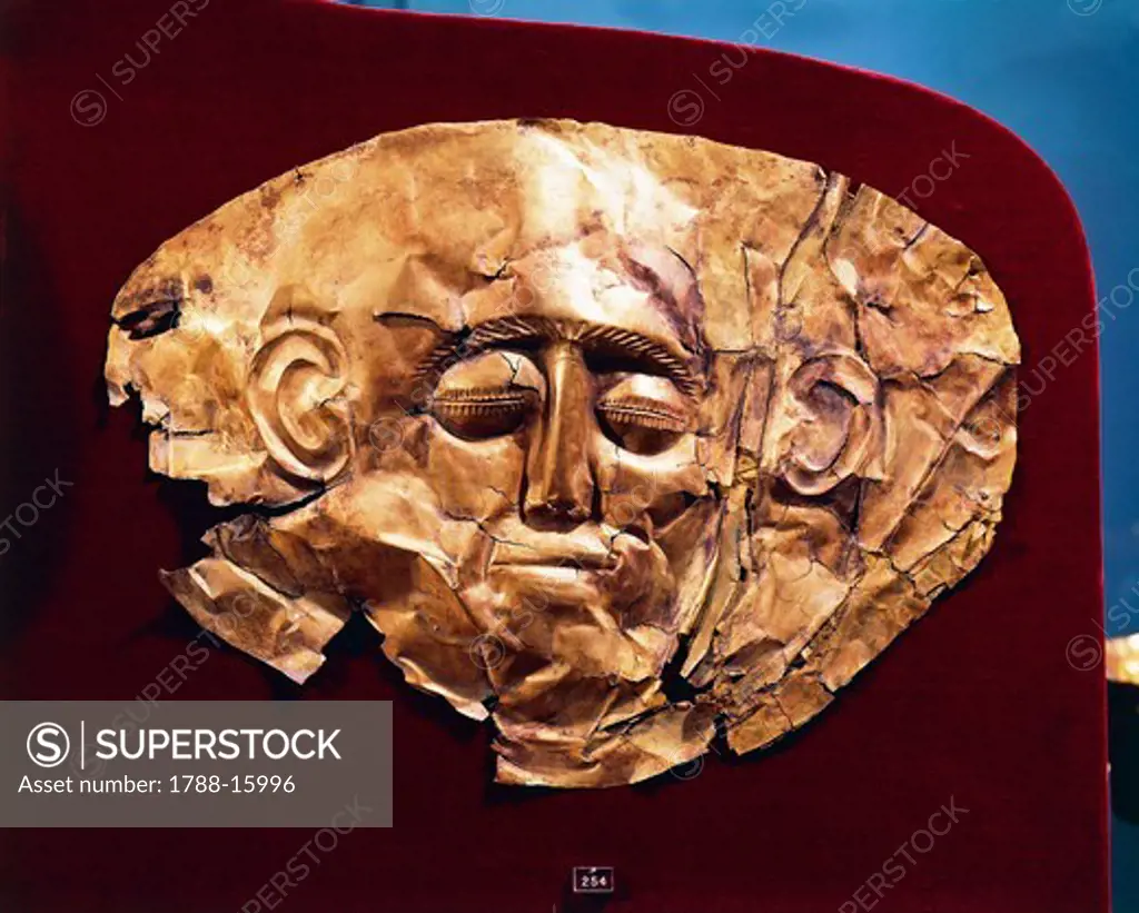 Mycenaean civilization, gold funerary mask, from Tomb IV, Mycenae, Greece