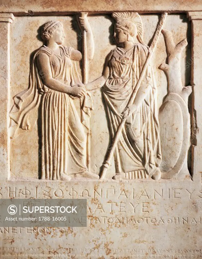 Greek civilization, marble relief of treaty between Athens and Samos depicting Athena and Hera, circa 403 BC
