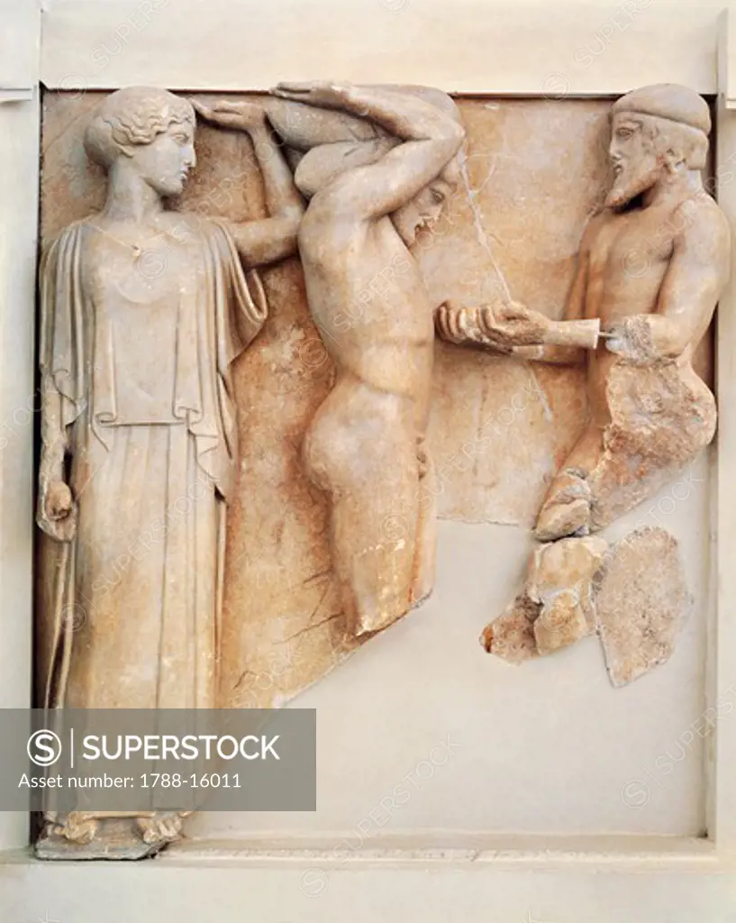 Greek civilization, metope from temple of Zeus, bas-relief depicting Labours of Heracles: Heracles receiving apples of Hesperides, circa 460 B.C.