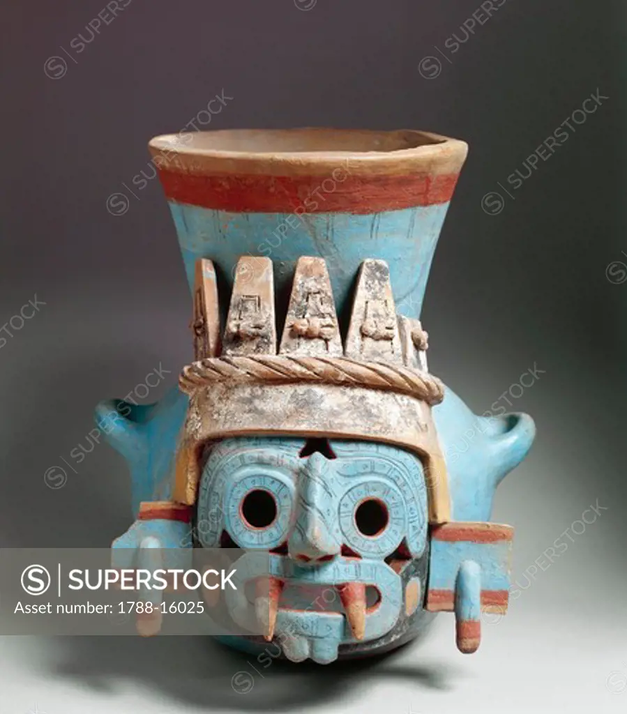 Aztec civilization, Mexico,, polychrome ceramic vase depicting Tlaloc, god of rain, Height 35 cm, from Templo Mayor (Main Temple) of Tenochtitlan,