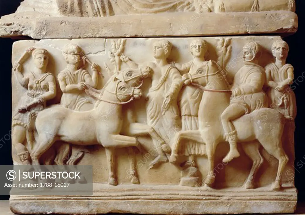 Etruscan civilization, alabaster urn, detail of relief depicting man leaving for afterlife