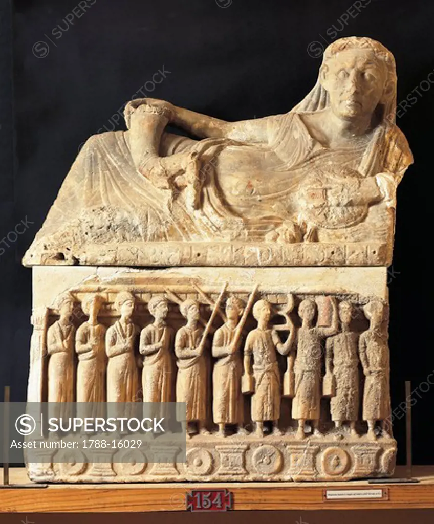 Etruscan civilization, alabaster urn, relief depicting funeral procession of magistrate