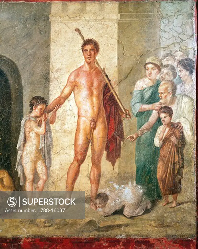 Fresco depicting Theseus freeing children from Minotaur, from House of Gavius Rufus, Pompei, Italy