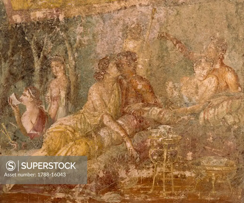 Fresco depicting triclinium scene, from Pompei, Italy
