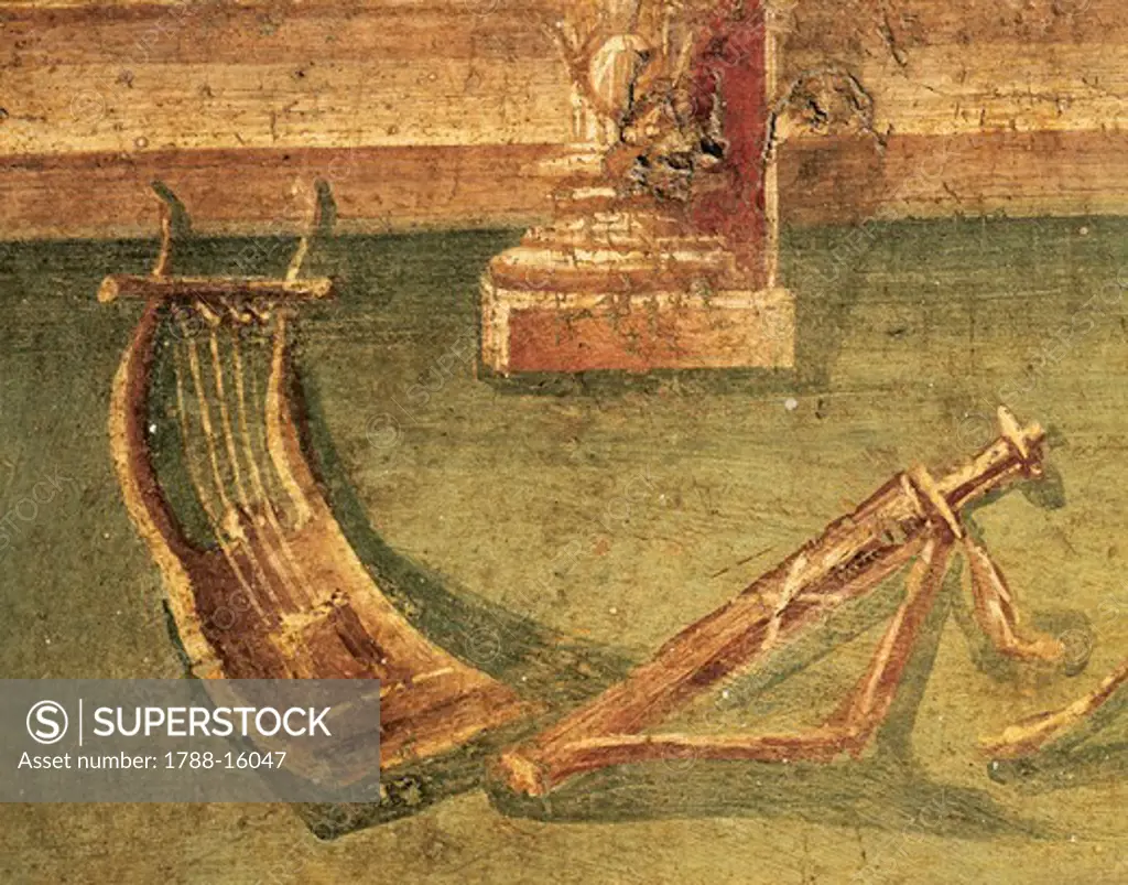 Detail of fresco depicting musical instruments, from Ercolano, Italy