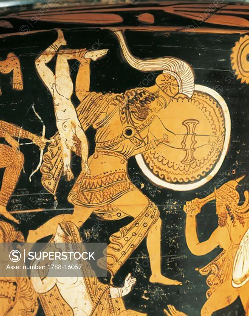 Red-figure pottery, Krater, from Civita Castellana, ancient Falerii, Rome province, Italy, detail, Neoptolemus brandishing Astyanax by leg