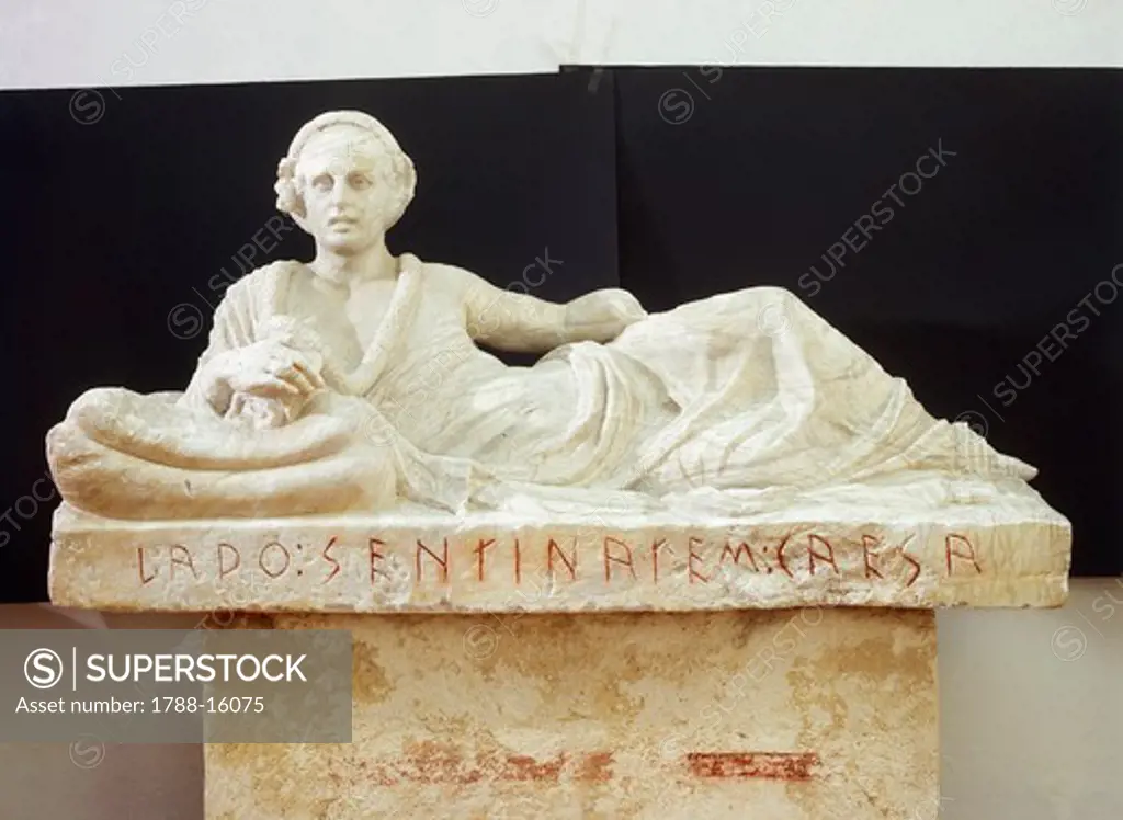 Lid of alabaster urn with portrait of Larth Sentinates Caesar, from Tomb of Pilgrim of Chiusi, Tuscany Region, Italy