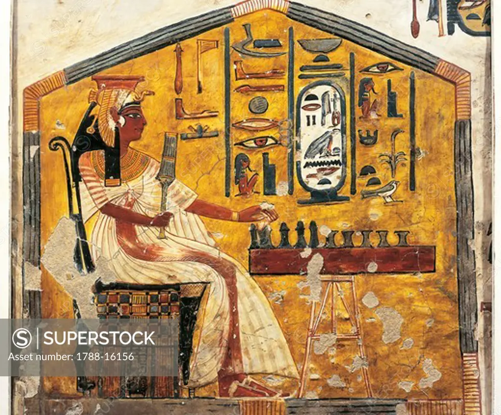 Egypt, Thebes, Luxor, Valley of Queens, Tomb of Nefertari, detail of antechamber frescoes, Queen Nefertari playing Senet