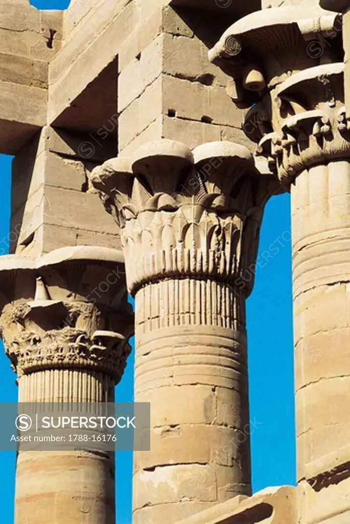 Egypt, Aswan, Agilkia Island, Nubian monuments at Philae, Roman Kiosk of Trajan, capitals of columns
