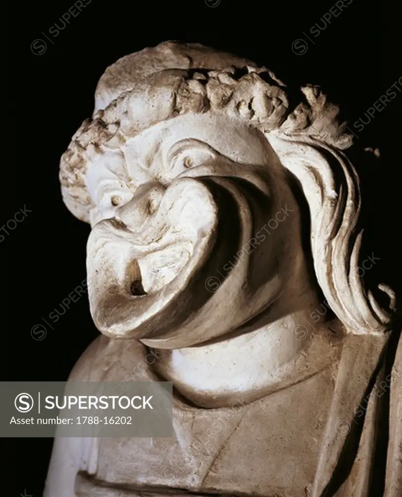 Roman civilization, statue of actor with comic mask and crown, detail