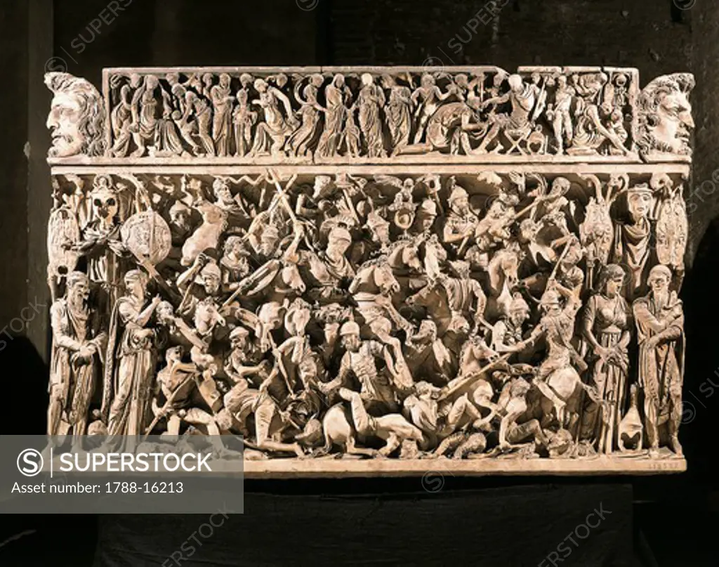 Sarcophagus with relief decoration showing battle between Roman horsemen and Barbarians during Germanic Wars under Emperor Marcus Aurelius