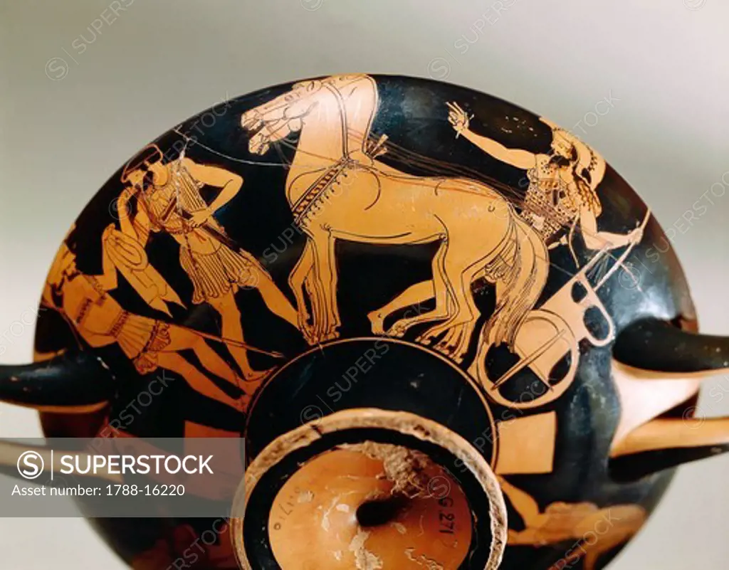 Red-figure pottery, detail of cup attributed to Makron showing departure of warriors on chariot, from Capua, Campania Region, Italy