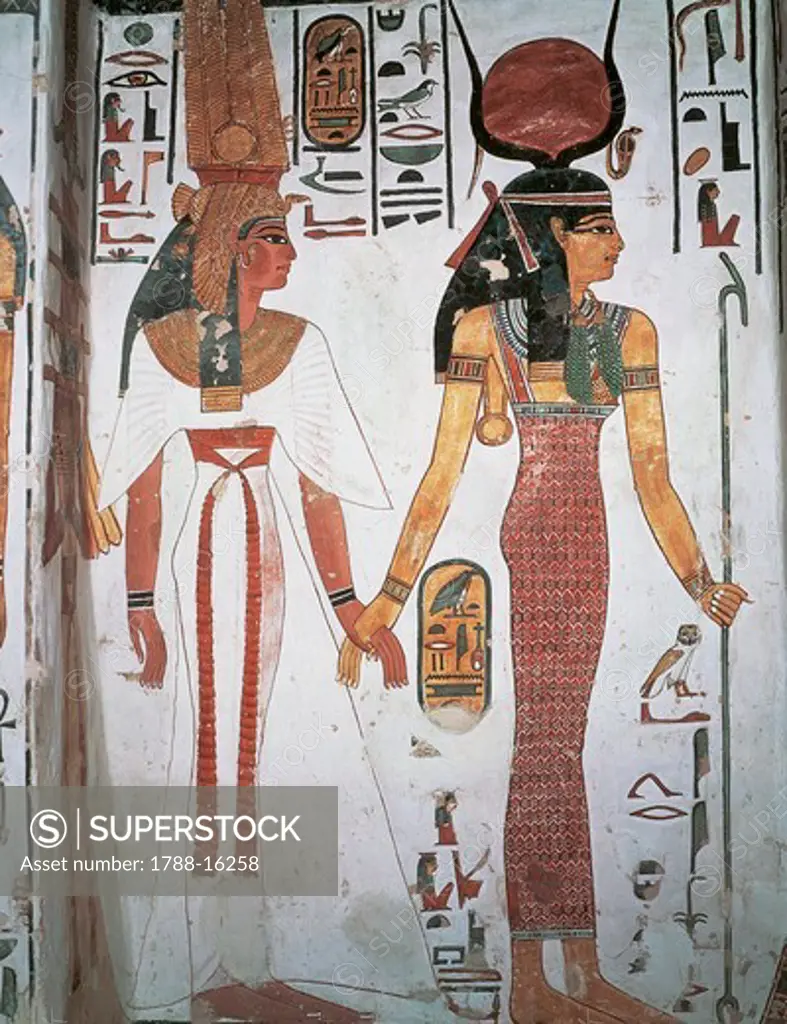 Egypt, Ancient Thebes, Luxor, Valley of Queens, Tomb of Nefertari, Detail of frescoes in burial chamber, Queen Nefertari preceded by Isis