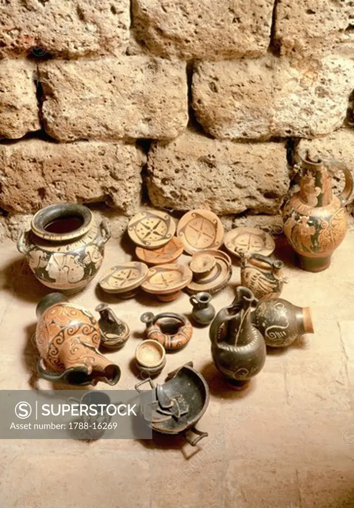 Etruscan civilization, Funerary objects found in tomb at Cerveteri, Lazio Region, Italy