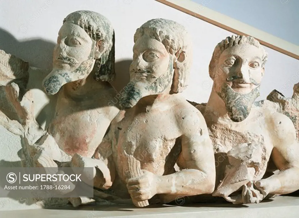 Greek civilization, Sculpture depicting three-bodied monster also known as 'Bluebeards', from frieze of pediment of Hekatompedon Temple at Acropolis of Athens, Greece