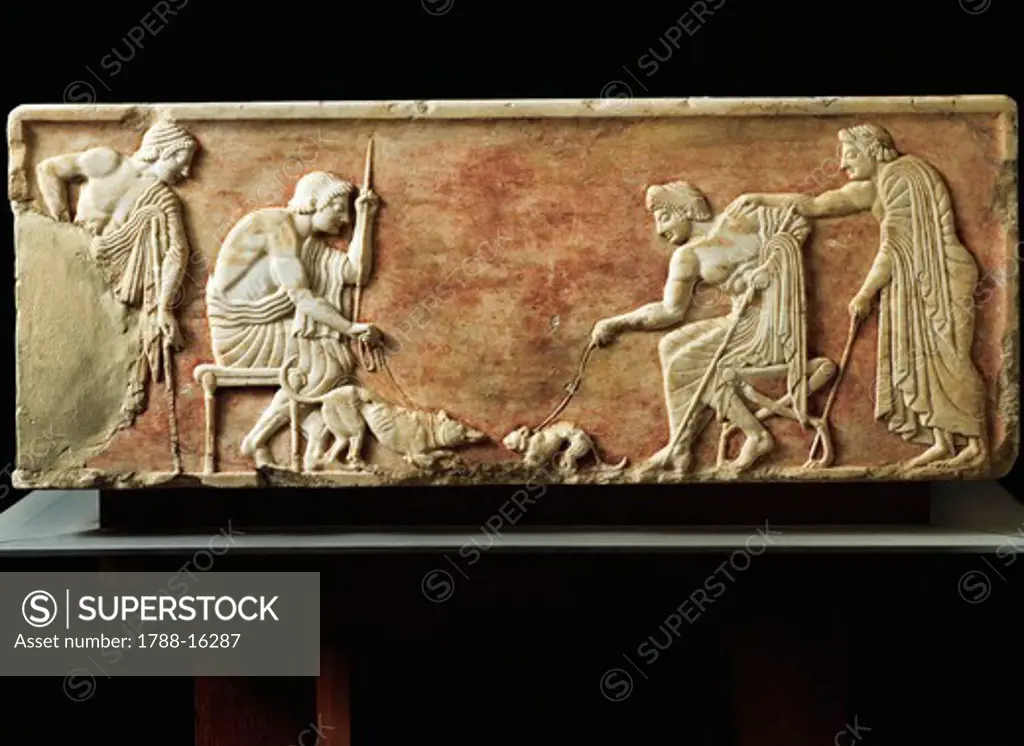 Greek Civilization, Stele depicting fight between dog and cat, Relief from Kerameikos necropolis in Athens, Greece