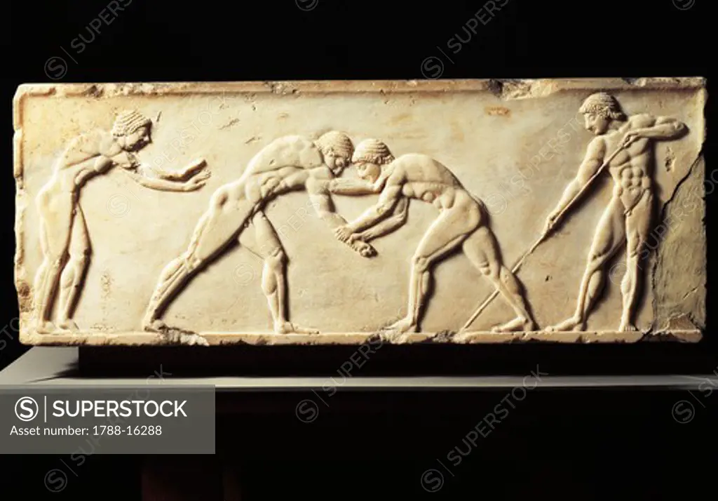 Greek Civilization, Stele depicting wrestling competition, Relief from Kerameikos necropolis in Athens, Greece