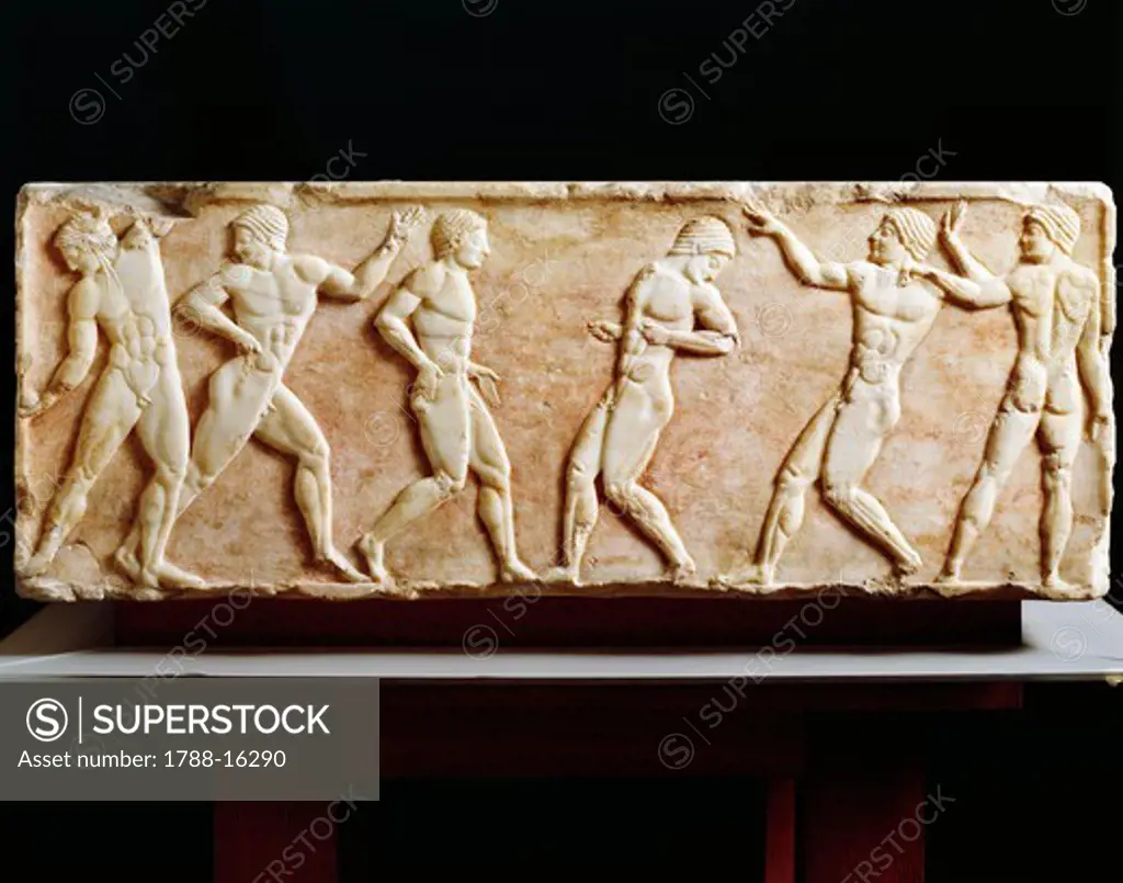 Greek Civilization, Stele depicting athletes at gymnasium, From Kerameikos necropolis in Athens, Greece