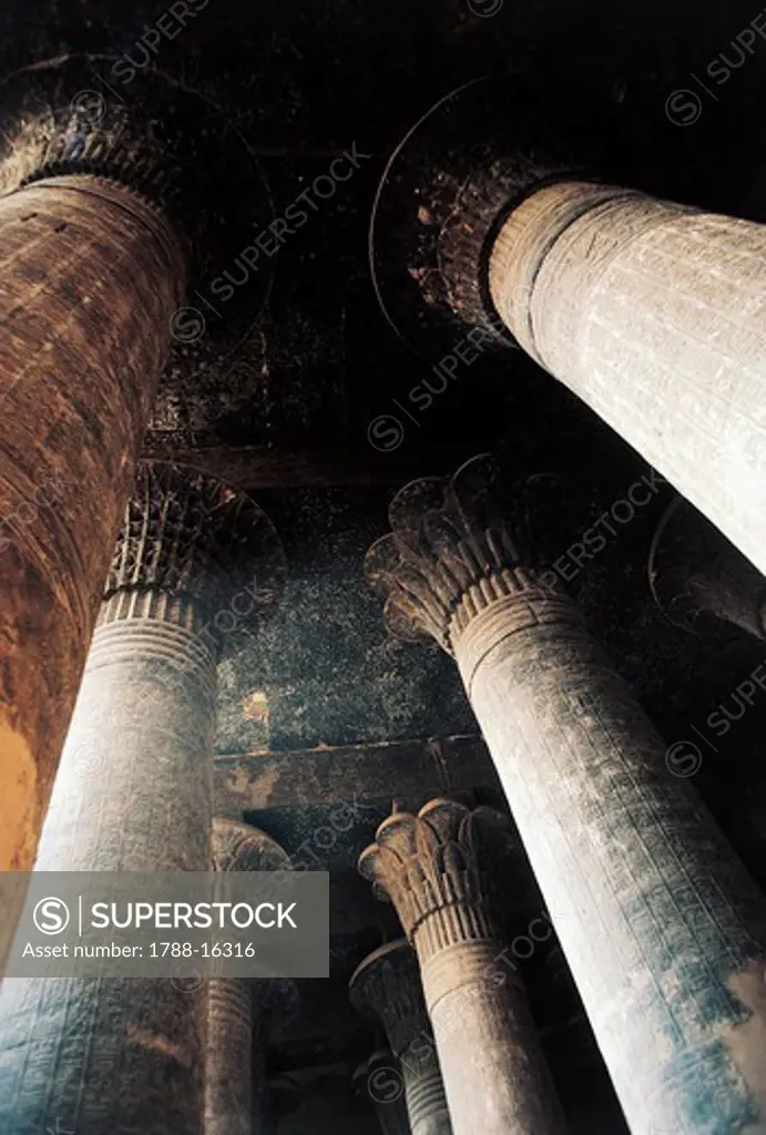 Egypt, Esna, Temple of Khnum, Hypostyle hall with bell-shaped columns and architraves