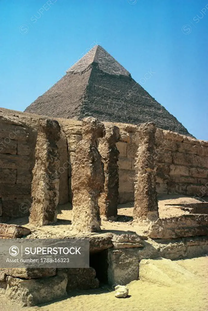Egypt, Cairo, Ancient Memphis, Pyramids at Giza, Pyramid and mastaba of Khafre (greek: Chephren)