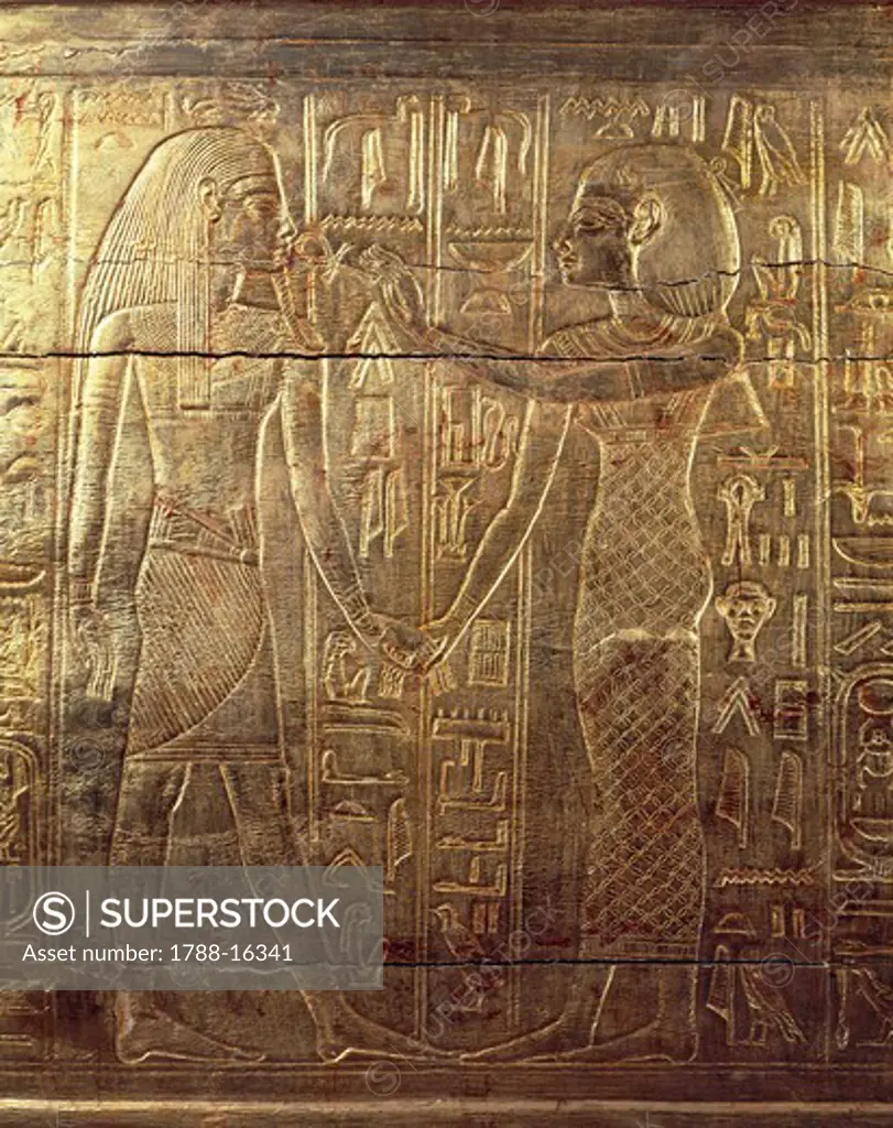 Treasure of Tutankhamen, Goddess Nephthys offering ankh, key of life, to Pharaoh from Valley of Kings, tomb of Tutankhamen, New Kingdom, Dynasty XVIII