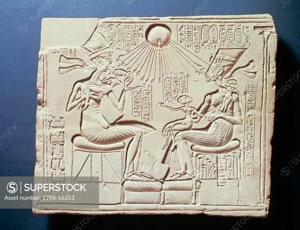 Relief depicting King Amenhotep IV (Akhenaten), his wife Nefertiti and their children under rays of sun god Aton, relief from Tall al-Amarnah, New Kingdom, Dynasty XVIII
