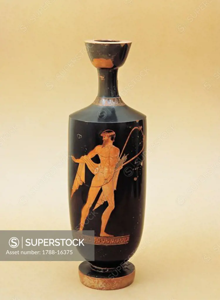 Red-figure pottery, Lekythos depicting Apollo Citharoedus by 'Berlin Painter' (500 - 460 B.C.,), from Gela, Sicily Region, Italy