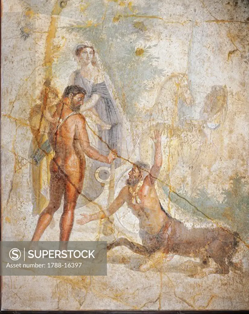 Fresco depicting Hercules, Deianira and Hyllus crossing river Evenus from Pompei, Italy, 1st century A.D.