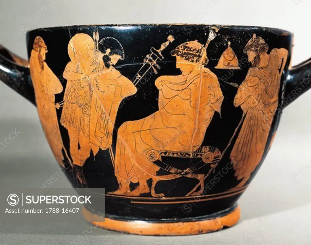 Attic skyphos signed by potter Hieron and attributed to Makron, side B with Embassy to Achilles, circa 480 B.C.,