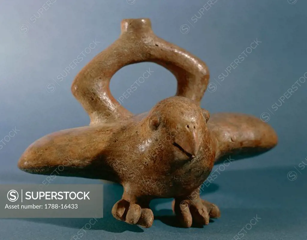 Zoomorphic polychrome terracotta vessel in shape of flying hawk, Vicus culture, circa 100 B.C.