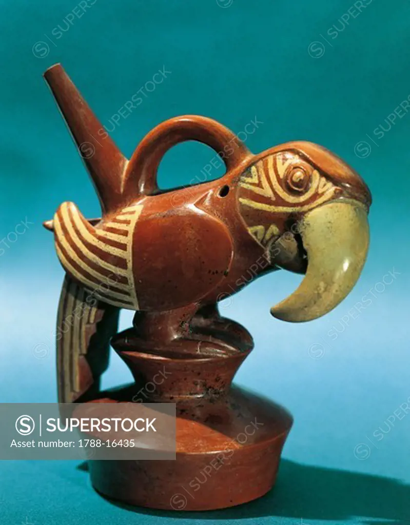 Zoomorphic polychrome terracotta vessel in shape of parrot, Vicus culture, circa 100 B.C.