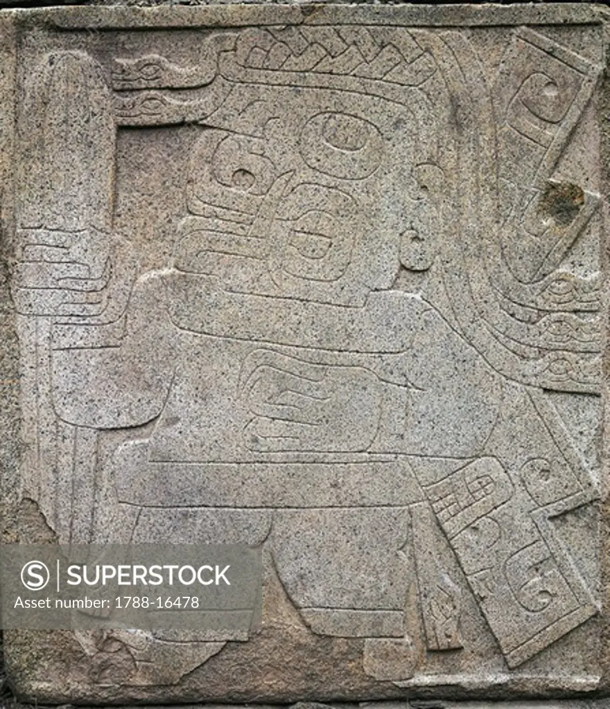 Stele with feline figure holding a war club from Chavin de Huantar, Peru, Nazca culture