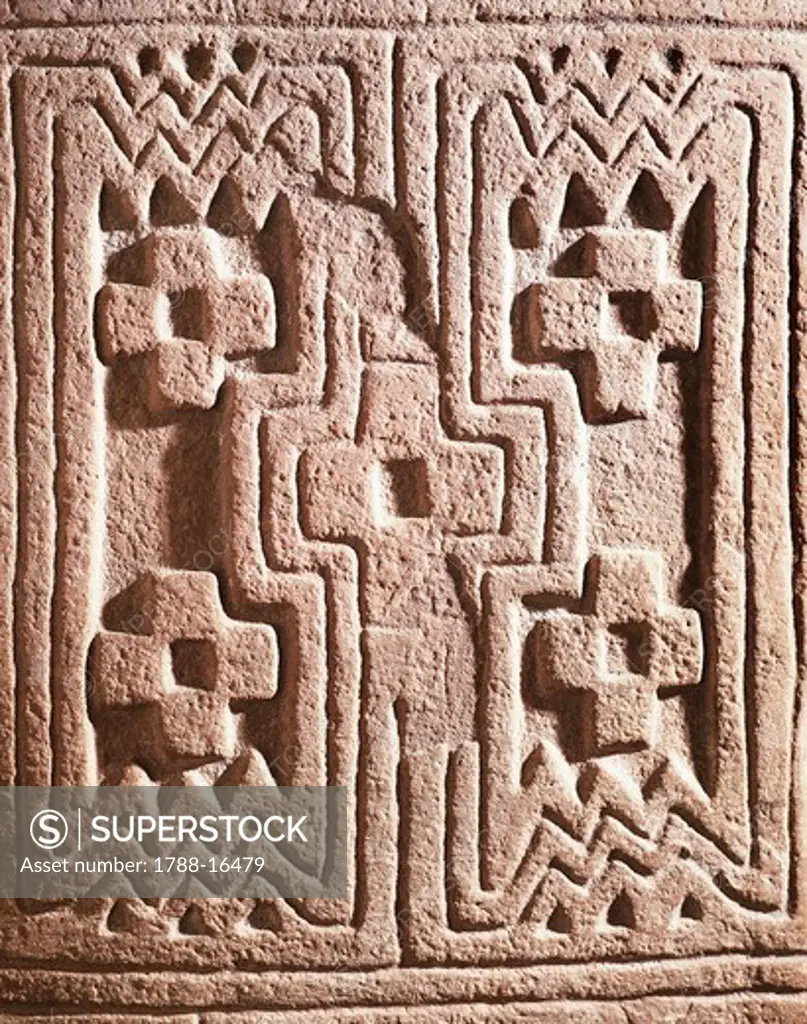 Monolith of Hatuncolla, detail with relief depicting geometric pattern, Peru, Pucara culture