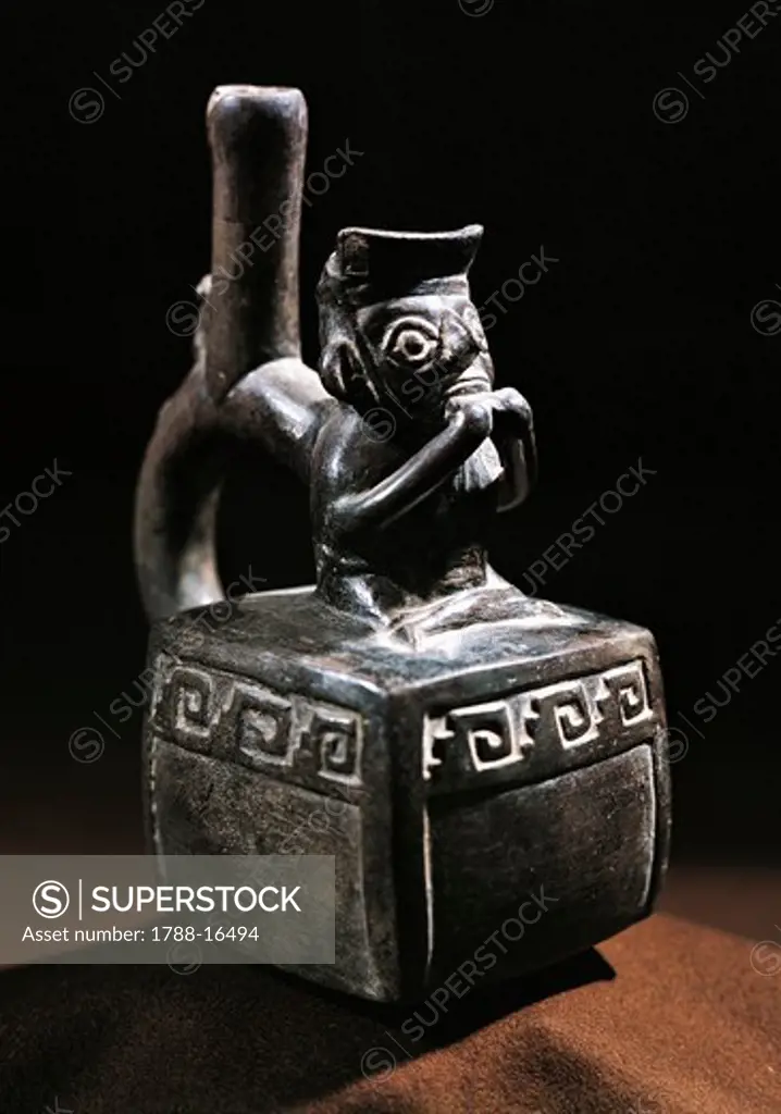 Peru, Pre-Inca civilization,Chimu culture, Black paste vase with figure of musician