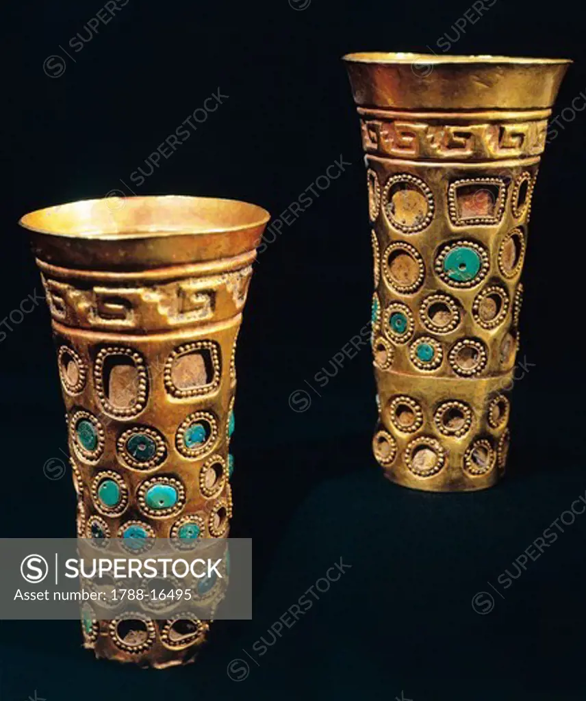Peru, Pre-Inca civilization, Chimu culture, Golden vessels with turquoises, From Lambayeque treasure