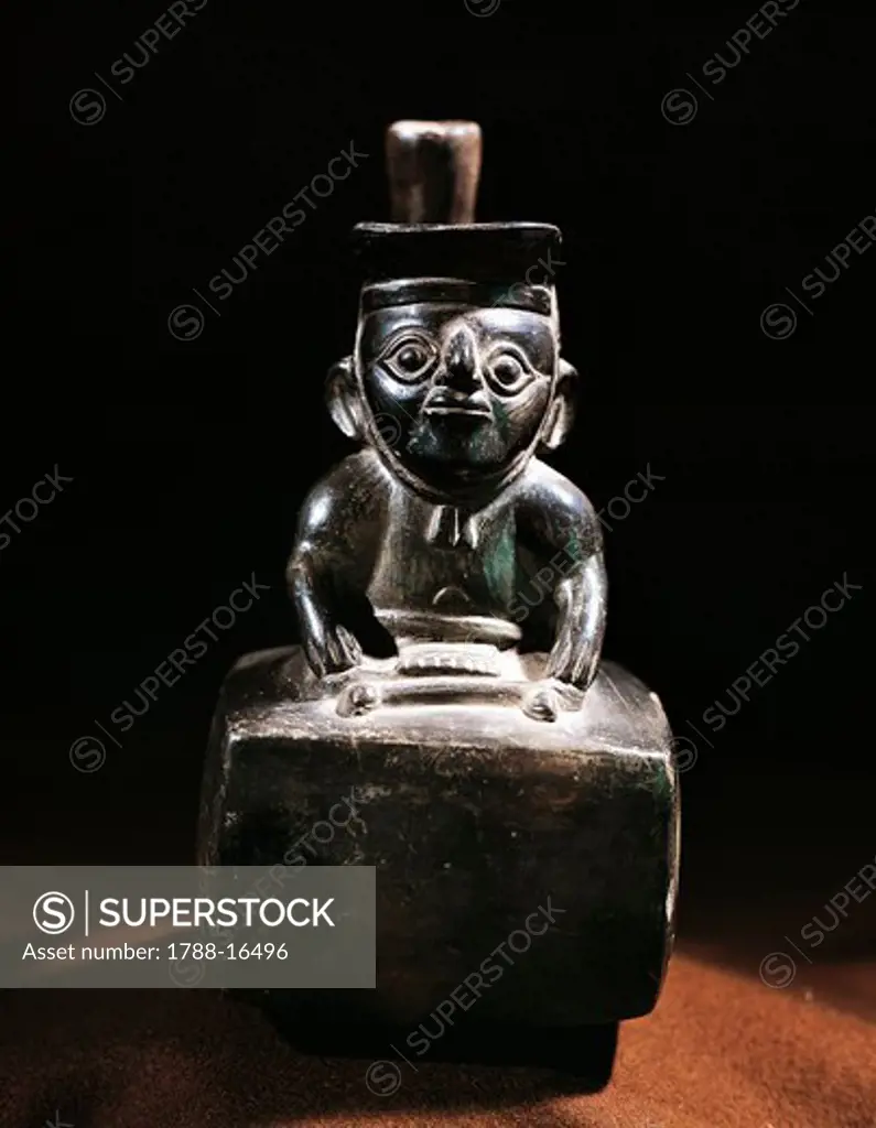 Peru, Pre-Inca civilization,Chimu culture, Black paste vase with seated figure