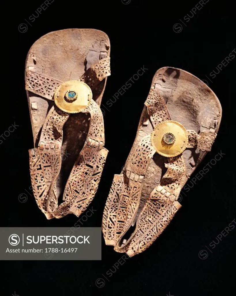 Peru, Pre-Inca civilization,Chimu culture, Leather sandals with gold and turquoise disks