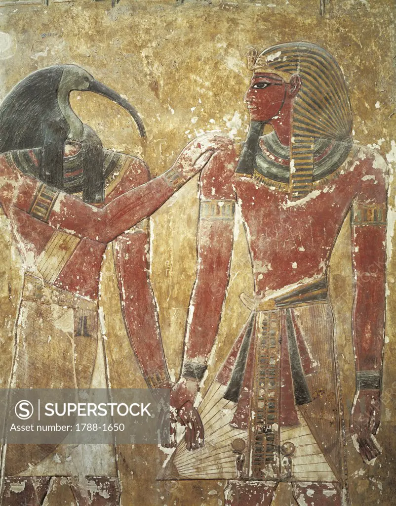 Egypt - Ancient Thebes (UNESCO World Heritage List, 1979). Valley of the Kings. Tomb of Seti I. King and god Thot, mural painting