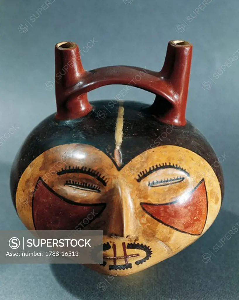 Peru, Pre-Inca civilization, Nazca culture, Double spout and bridge vessel in shape of human trophy head