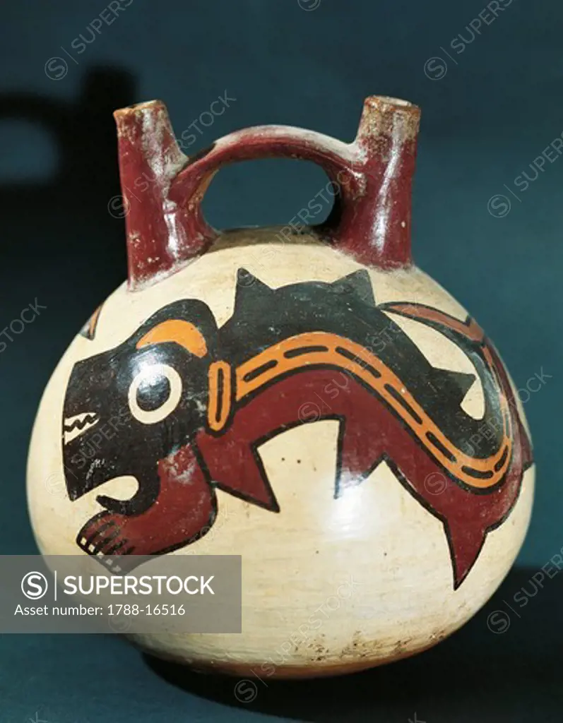 Peru, Pre-Inca civilization, Nazca culture, Double spout and bridge vessel with painted dolphin figure