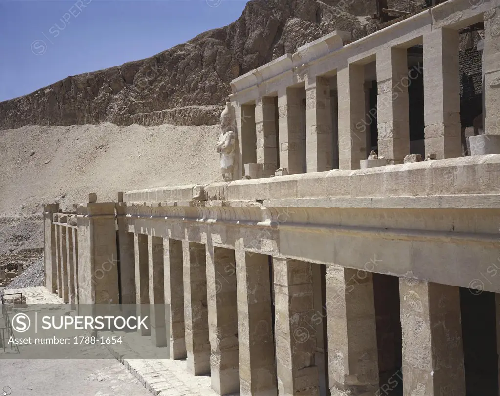 Egypt - Ancient Thebes (UNESCO World Heritage List, 1979). Valley of the Kings. Temple of Hatshepsut at Dayr al-Bahri (Deir el-Bahri). Second and third terraces, west portico, 18th Dynasty