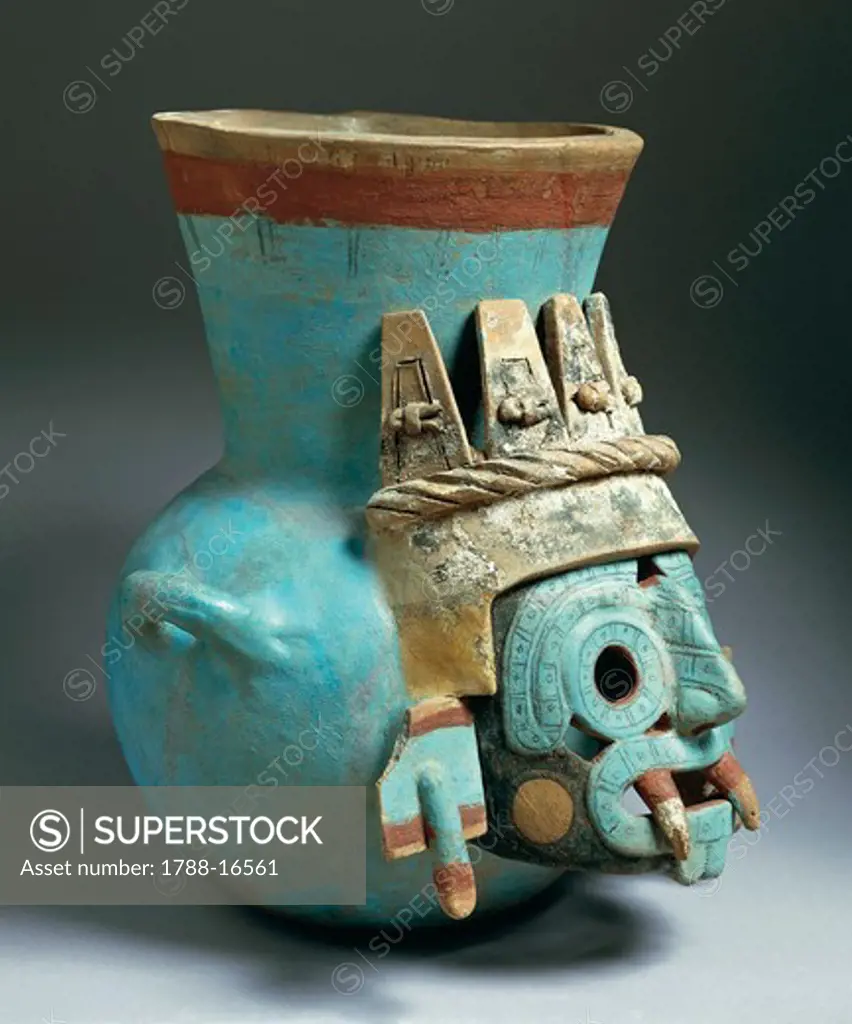Polychrome ceramic amphora of Tlaloc, Rain God, from Temple Mayor, Tenochtitlan, Mexico