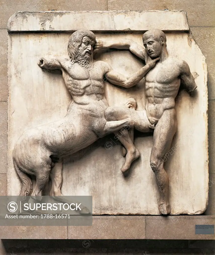 Metope from Parthenon, pentelic marble relief depicting battle between Centaurs and Lapiths