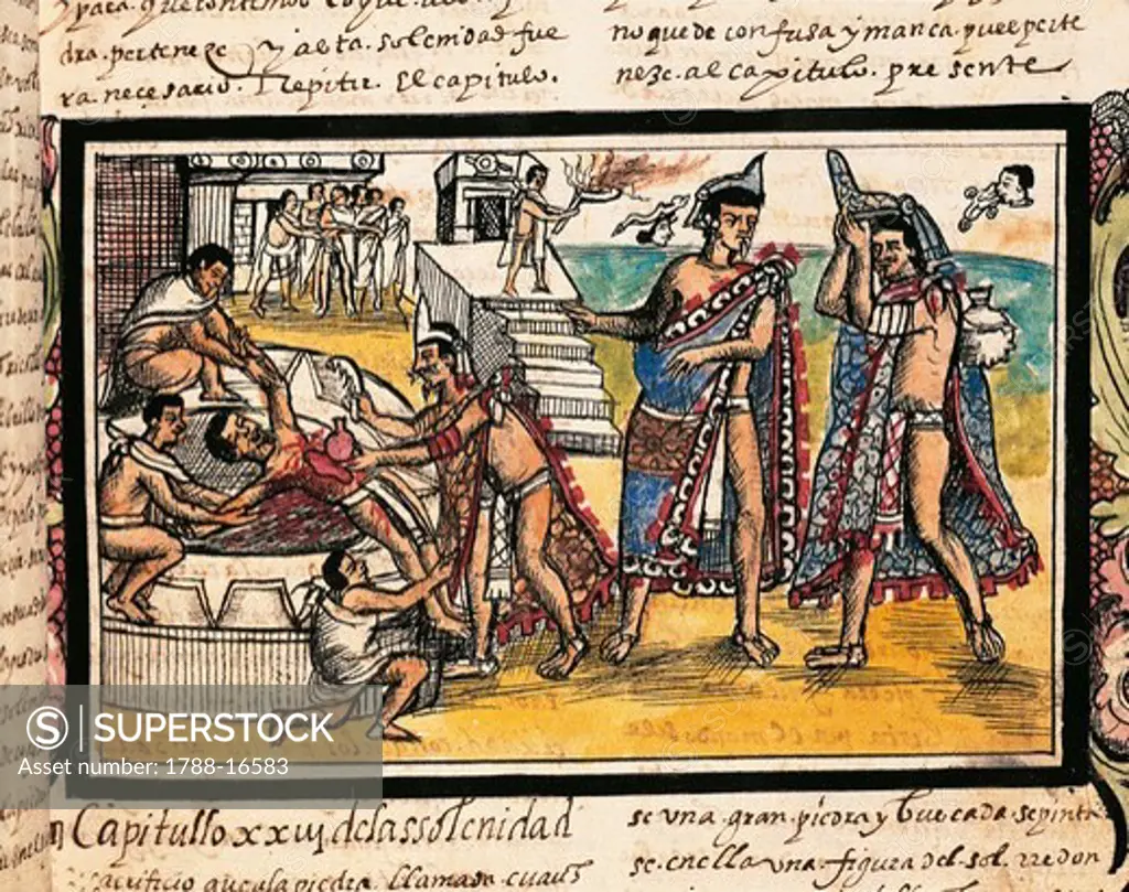 Mexico, human sacrifice before Temple of Tenochtitlan, from The History of the Indies of New Spain, manuscript by Diego Duran, 1579