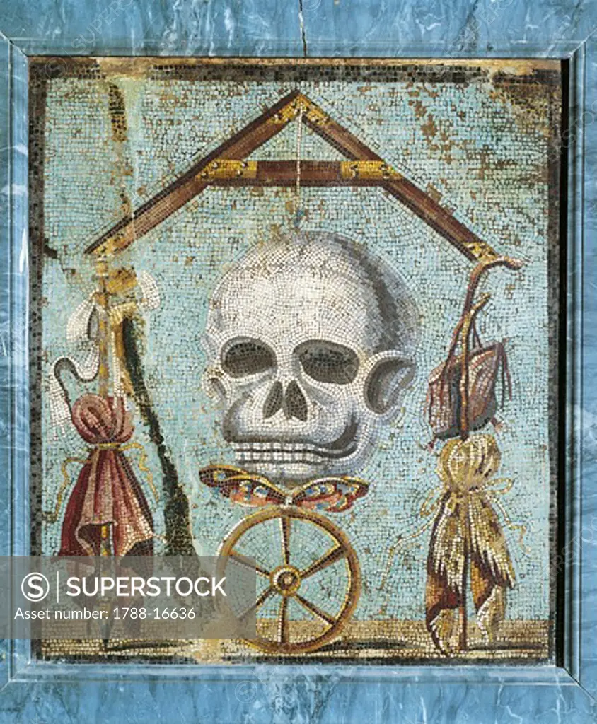 Second style opus vermiculatum mosaic, memento mori with skull and plumb-rule, from Pompei