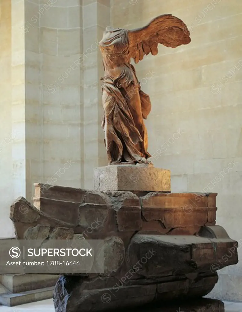 Parian marble statue of winged Victory of Samothrace, also called Nike of Samothrace