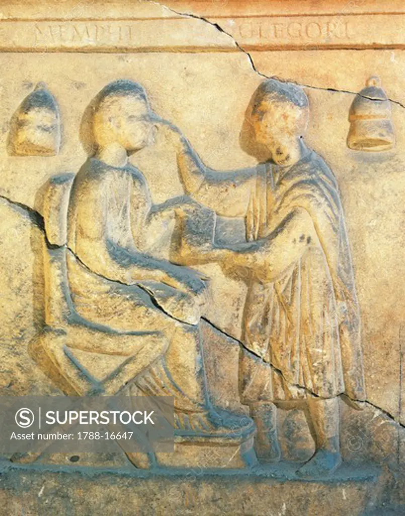 Sarcophagus decoration depicting physician and patient during oculistic examination