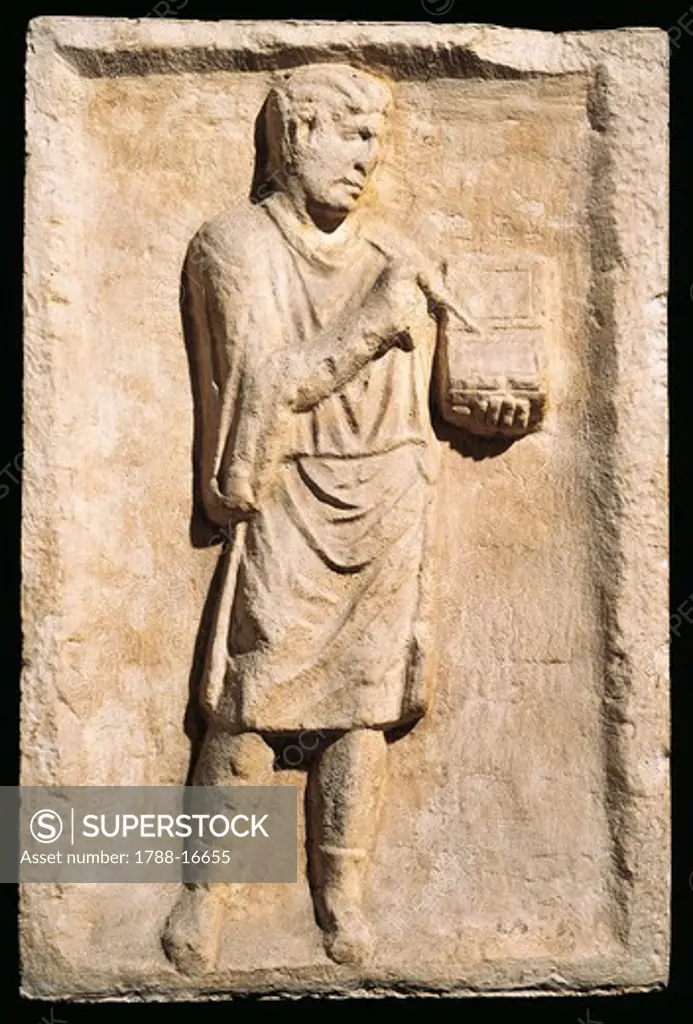 Relief depicting young man writing on tablet, from Moderndorf, Austria
